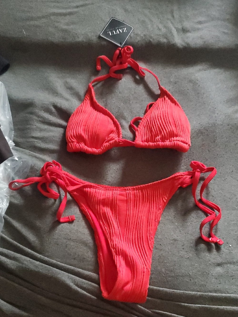 Zaful Bright Red Ribbed Tie-Side Bikini
